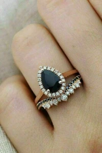 3 Ct Lab Created Pear Black Diamond Bridal Set Wedding Ring 14K Rose Gold Plated - Picture 1 of 5