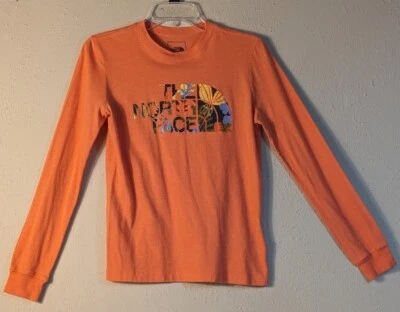 Camiseta gráfica manga larga The North Face XS naranja con logotipo deletreado para mujer  Foto 1 de 4