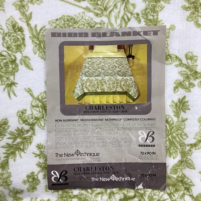 Vintage Charleston Acrylic Bibb Blanket 72x90 Green Floral Print Satin Trim USA - Image 1 of 4