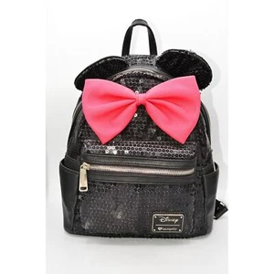 Loungefly Disney Minnie Mouse Sequin Mini Backpack Black Red Bow Used AS IS - Picture 1 of 12