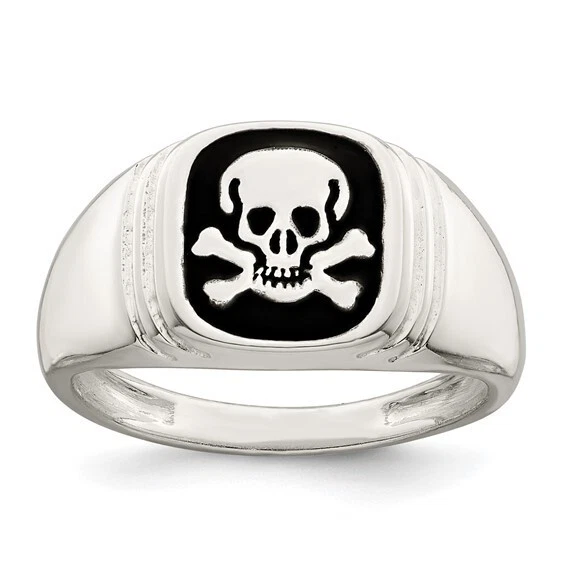 Anillo de plata de ley esmaltado negro para hombre calavera y huesos cruzados talla 9 10 u 11 Foto 1 de 4