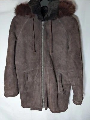 Abrigo completo de piel de oveja azul pato cremallera con capucha XS capucha de piel marrón para mujer Foto 1 de 4