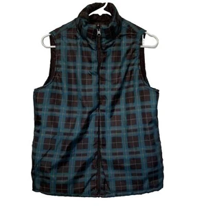 Merona Women’s Medium Brown Reversible Blue Green Plaid Puffer Vest - Picture 1 of 13