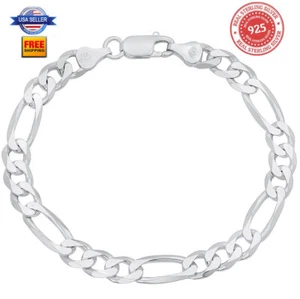925 Italian Sterling Silver Mens 7mm Figaro Link Bracelet 9" 10.2 grams - Picture 1 of 4