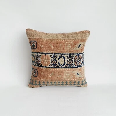 unique vintage rug pillow cover , 16x16 in , handmade turkish carpet pillow - Image 1 of 4