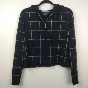 NINA LEONARD Black Thin White Stripe Square Plaid Zip Hooded Cropped Jacket Sz M - Picture 1 of 6