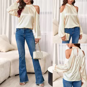 Womens Plain Party Cold Shoulder Long Sleeve Tops Ladies Casual Loose Blouse Tee - Picture 1 of 16