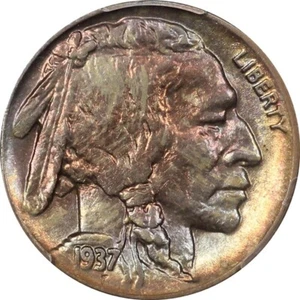 1937-D PCGS Auswahl AU Details Büffelnickel - glänzend, Regenbogen bunt getönt! - Bild 1 von 4