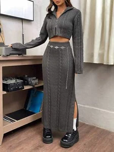 Look Time Life EZwear Cable Knit Zip Up Cardigan & Split Thigh Knit Skirt Withou - Picture 1 of 10
