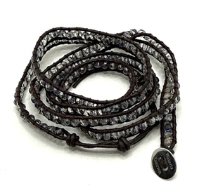 VICTORIA EMERSON Clear AB Crystal Beads Black Leather Wrap Bracelet 33" to 36" - Picture 1 of 6