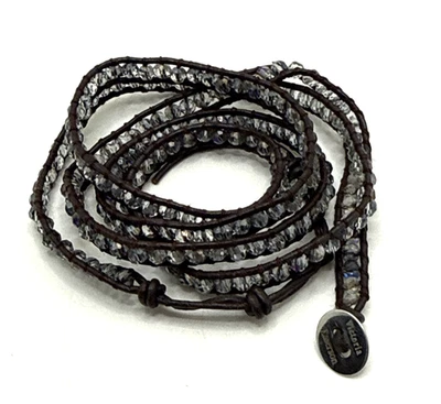 Pulsera envolvente de cuero negro con cuentas de cristal AB transparente VICTORIA EMERSON 33" a 36" Foto 1 de 4