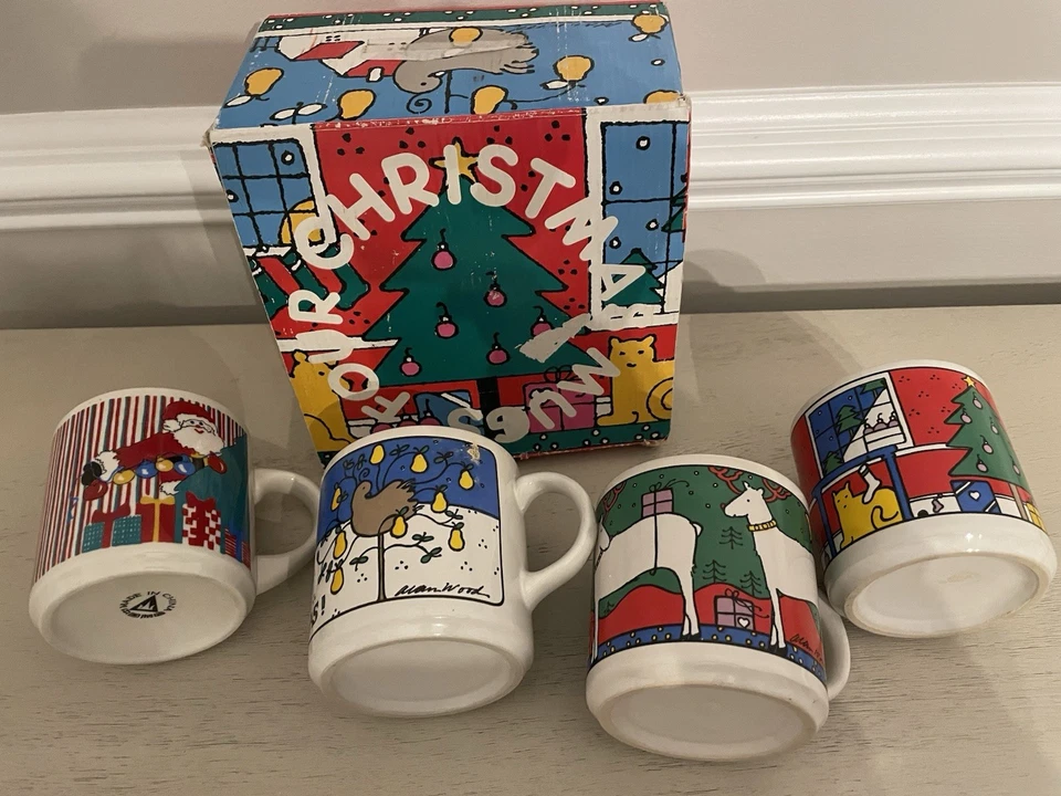 Tazas de Navidad de los años 80 4 piezas vidrio Houze firmado en madera Alan con caja Foto 1 de 4