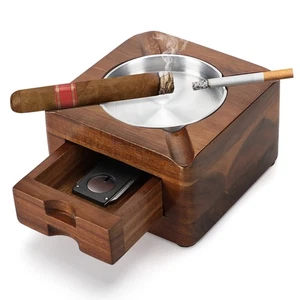 Tesonway Holz Quadrat Aschenbecher 4 Fächer mit Zigarrenzubehör Schublade für Indo... - Bild 1 von 7