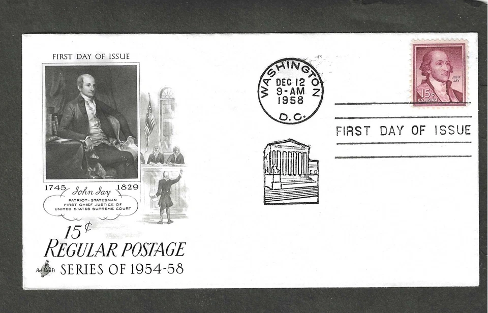 #1046 15c JOHN JAY FDC-WASHINGTON,DC DEC 12-1958 ARTCRAFT CACHET - Image 1 of 1