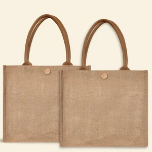 2 Stück natürliche Sackleinen Jute Tragetasche mit gepolsterten Griffen 14x12x8" Knopfverschluss - Bild 1 von 9