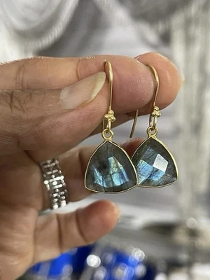 Pendientes de labradorita colgantes gancho caída alambre oro 18 quilates sobre plata de ley  Foto 1 de 4