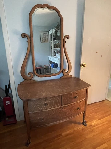 Antique Small Dresser with Mirror in Tiger Maple Cover