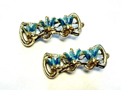 UNIQUE Set Vtg 60s Blue Flowers Tulips Gold Tone Metal Girl Hair Clips Barrettes - Image 1 of 2