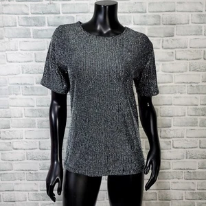 Vintage 90s Impressions M Black Silver Metallic Ribbed Shirt Club Rave Disco - Picture 1 of 8