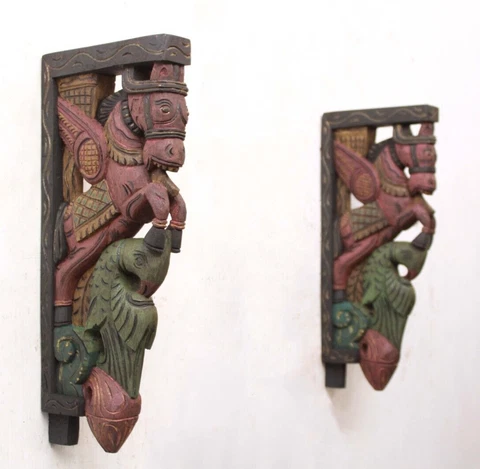 Vintage Wooden Wall Bracket Corbel Horse Statue Home Garden Door Decor Art Shelf Cover