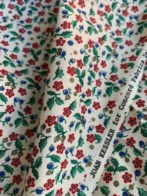 Vtg JOAN KESSLER Concord Quilting FABRIC Blue Green Red Calico 2.5+ Yards HOLLY - Image 1 of 4