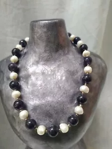 Vintage Süßwasserperle und dunkelviolette Amethyst Sterlingsilber Halskette 16 Zoll - Bild 1 von 10