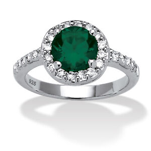 PalmBeach Jewelry Birthstone and CZ Halo Ring in .925 Silver-May-Emerald
