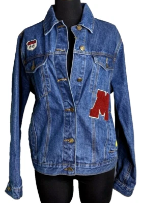Jaqueta jeans Patches Letterman Forever 21 feminina L chenille M! Cacto de lantejoulas - Imagem 1 de 4