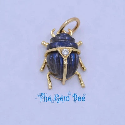 13.3mm 14k Solid Yellow Gold Small Diamond Blue Flash Labradorite Scarab Beetle - Image 1 of 4