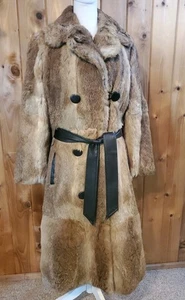 Vintage 70s Long Double Breasted Mottled Rabbit Fur Coat Trench Belted - Picture 1 of 18