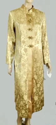 Vintage 80s Nwt Gold Satin Damask Chinese Collar Frog Button Duster Pant Set M - Image 1 of 4