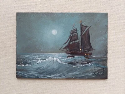 Sea Scene Original Oil Painting. Wooden sailboat In Mist and full moon night Art - Image 1 of 4