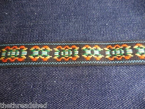 4Y Vintage Hippie Fabric Trim Retro Mod Tribal Black Orange Green 1in Wide - Picture 1 of 3