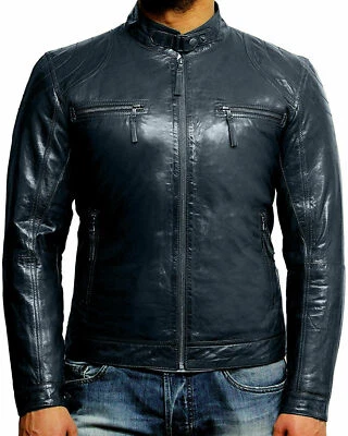 Chaqueta de motociclista de cuero para hombre de primera calidad de cuero genuino de piel de cordero chaqueta azul marino Foto 1 de 4