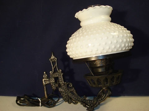ANTIQUE CAST IRON LIGHT WALL SCONCE WITH WHITE HOBNAIL SHADE Cover