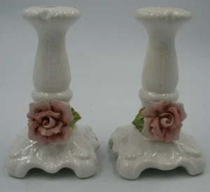 A Pair Of 7.5”CAPODIMONTE ITALY Porcelain ROSE PINK FLOWER IVORY CANDLEHOLDERS - Picture 1 of 10