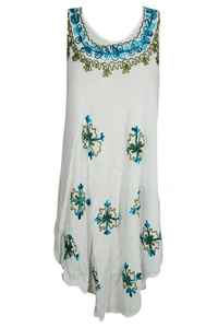 Boho Gypsy White Tank Dress Floral Embroidered Loose Flare Flowy Dresses S/M