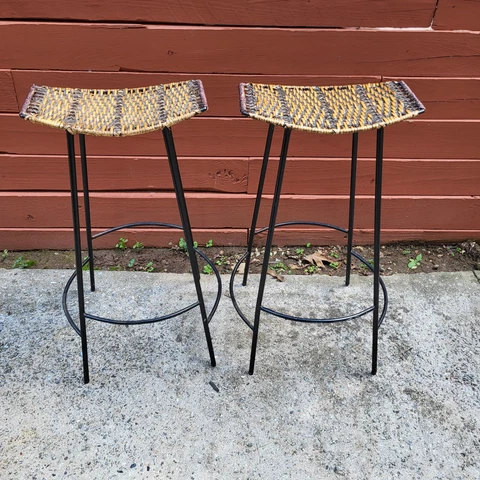 1970’s MCM Arthur Umanoff Style Wicker And Wrought Iron Barstools Cover