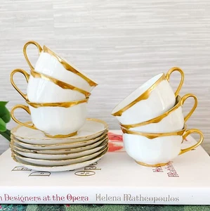 Antique Hutschenreuther Bavaria White & Gold Cups with Saucers, Set of 12 - Picture 1 of 10