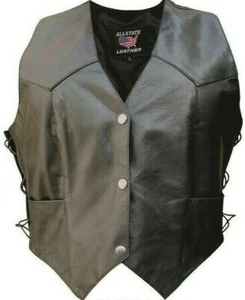 Ladies Black Leather Lined Gun Pocket Motorcycle Club Vest - Picture 1 of 2