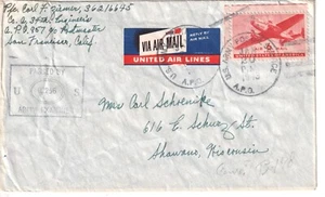23 ) US airmail label cover . United Airlines 1943 APO 957  COVER TEAR at back - Picture 1 of 2