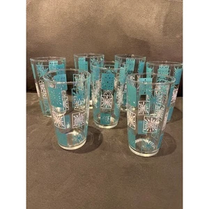 Vintage MCM starburst 5” tumbler set of 7- Turquoise & white - Picture 1 of 3