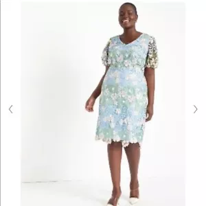 NEW Eloquii Embroidered Lace Floral V-Neck Short Puff Sleeve Midi Dress - Picture 1 of 11