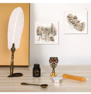 Luxury Calligraphy Fountain Dip Pen Gold Gift Box Set Quill Feather Seal Wax  - Picture 1 of 15