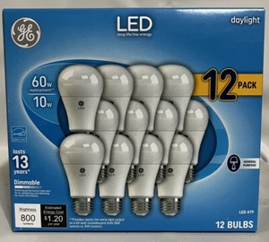 GE LED Daylight Light Bulbs -10W Replacement 60W Dimmable A19 - 12 Pk Long Life - Picture 1 of 3