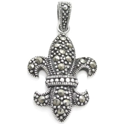 925 Sterling Silver Fleur de Lis Studded Marcasite Pendant - Image 1 of 2