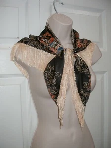 Unisex Western Style Brown Kerchief Fringed Neck Scarf Flower Print Beige Orange - Picture 1 of 12