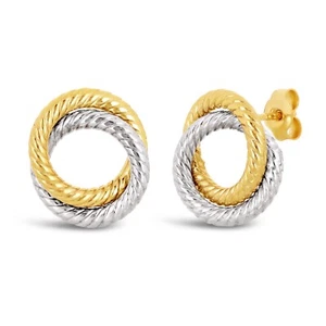 Italian 14k Yellow & White Gold Double Circle Rope Eternity Stud Earrings 1.3g - Picture 1 of 6