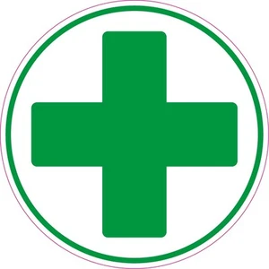 FIRST AID CROSS Circle health and safety signs sticker green cross 50x50mm X6 - Picture 1 of 4