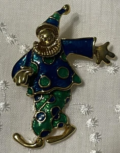 Goldtone blue/green enamel articulated clown brooch pin - Picture 1 of 4